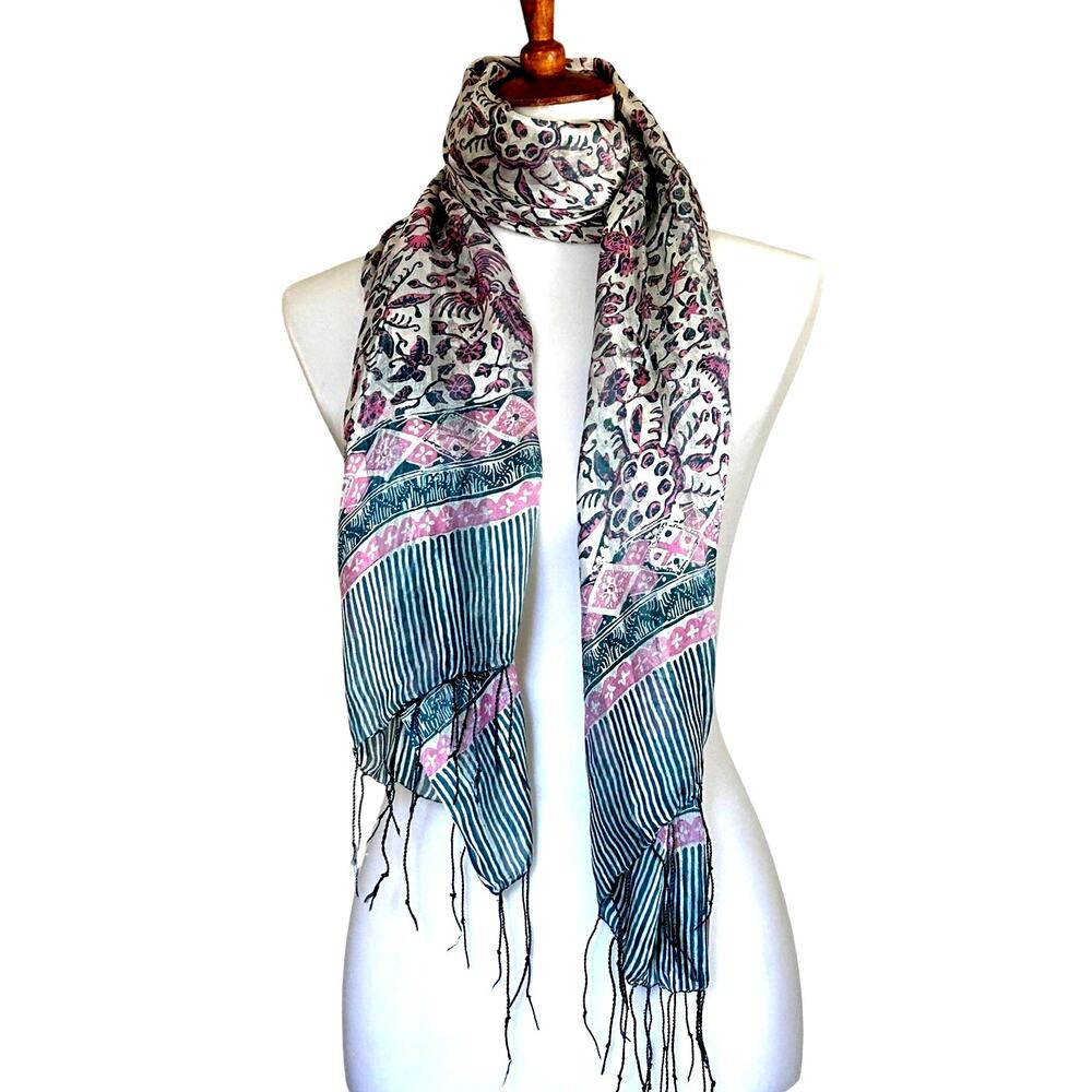 Vintage 100% Silk Block Print Scarf/Sarong w/Fringe